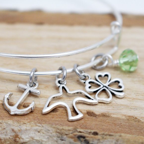 Anchor, Dove & Four Leaf Clover Adjustable Charm Bangle - Handcrafted - Picture 1 of 4